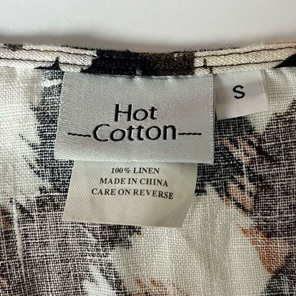 Hot Cotton Linen Top Small Boxy Lagenlook Blouse Abstract Print Black 3/4 Sleeve - Picture 6 of 6